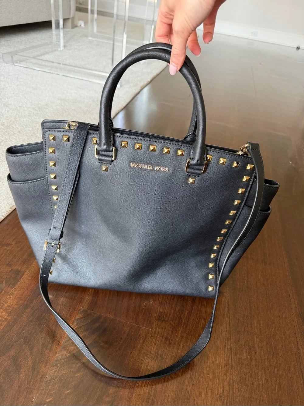 Michael Kors Selma Studded Satchel in Black Saffiano